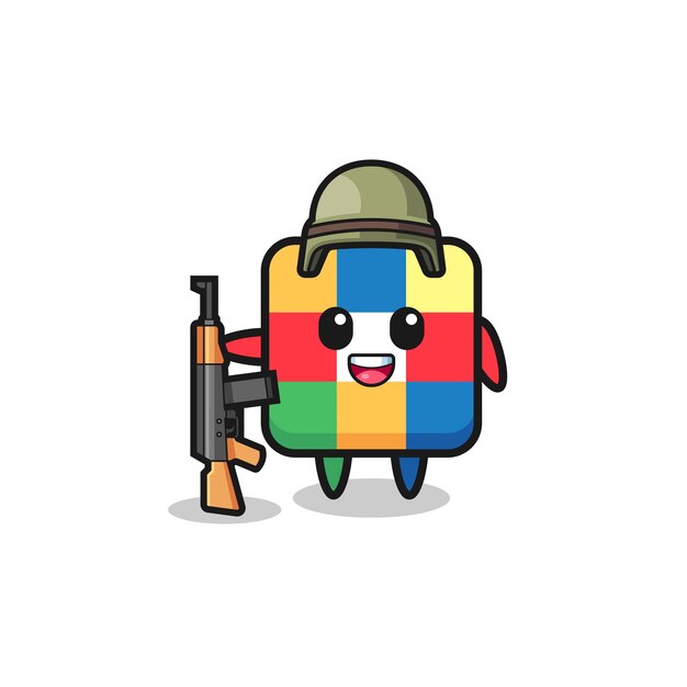 Mascote de quebra-cabeça de cubo fofo como um soldado, design fofo