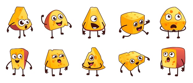Mascote de queijo de desenho animado personagens de comida kawaii fofos com emoções diferentes feliz triste zangado pessoa fofa para embalagem de produtos lácteos conjunto vetor cheddar engraçado com braços e pernas alimentos frescos