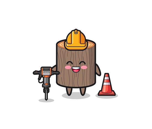 Mascote de trabalhador rodoviário de toco de árvore segurando a máquina de perfuração