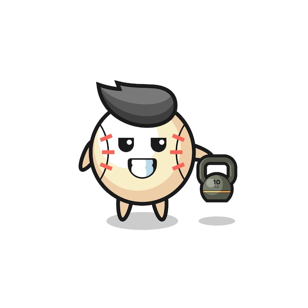 Mascote do beisebol levantando kettlebell na academia, design fofo