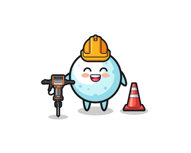 Mascote do trabalhador da estrada da bola de neve segurando a máquina de perfuração