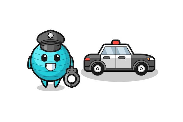 Mascote dos desenhos animados da bola de exercícios como polícia, design de estilo fofo para camiseta, adesivo, elemento de logotipo