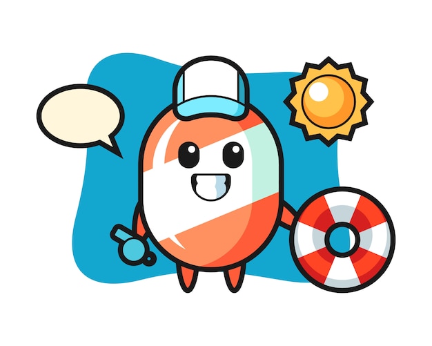 Mascote dos desenhos animados de doces como guarda de praia