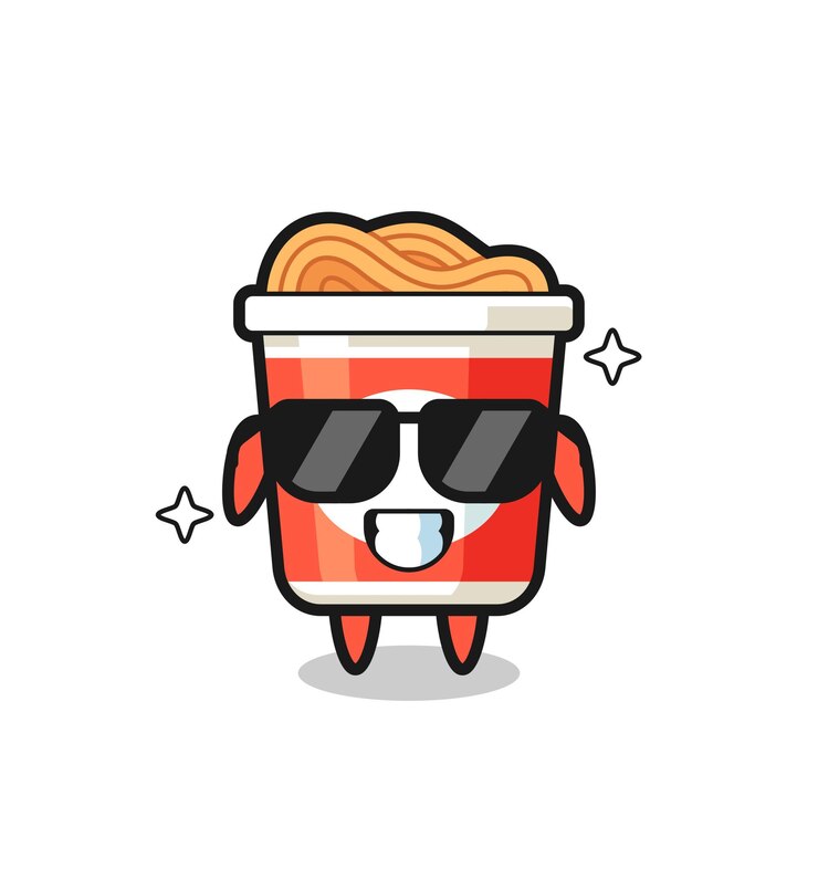 Vetor mascote dos desenhos animados de macarrão instantâneo com gesto legal, design de estilo fofo para camiseta, adesivo, elemento de logotipo