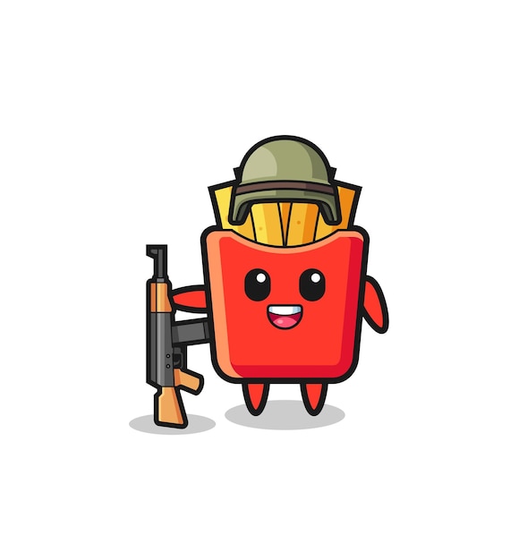 Mascote fofo de batatas fritas como um soldado, design fofo