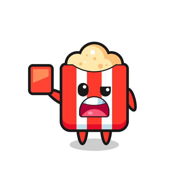 Mascote fofo de pipoca como árbitro dando um cartão vermelho