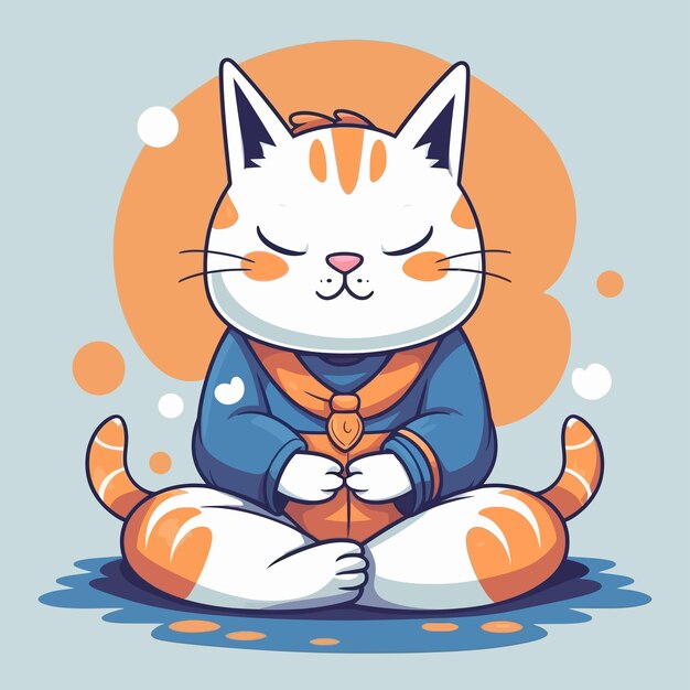 Mascote gato engraçado dos desenhos animados meditando ilustração vetorial personagem conceito ícone animal isolado