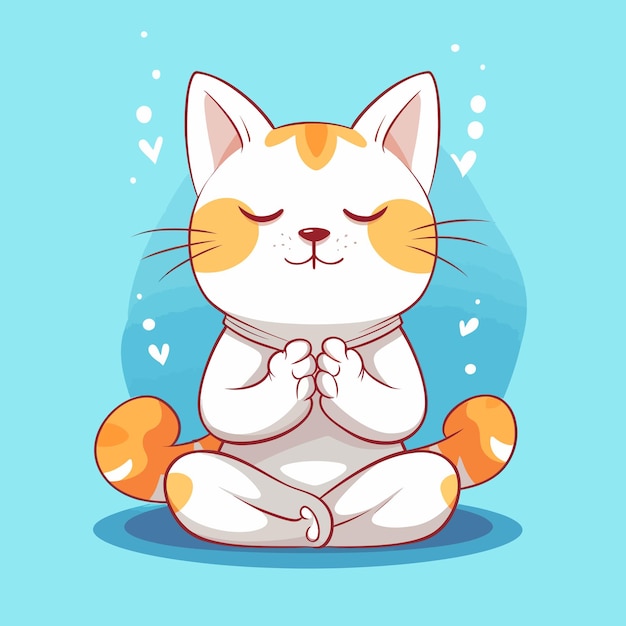 Mascote gato engraçado dos desenhos animados meditando ilustração vetorial personagem conceito ícone animal isolado