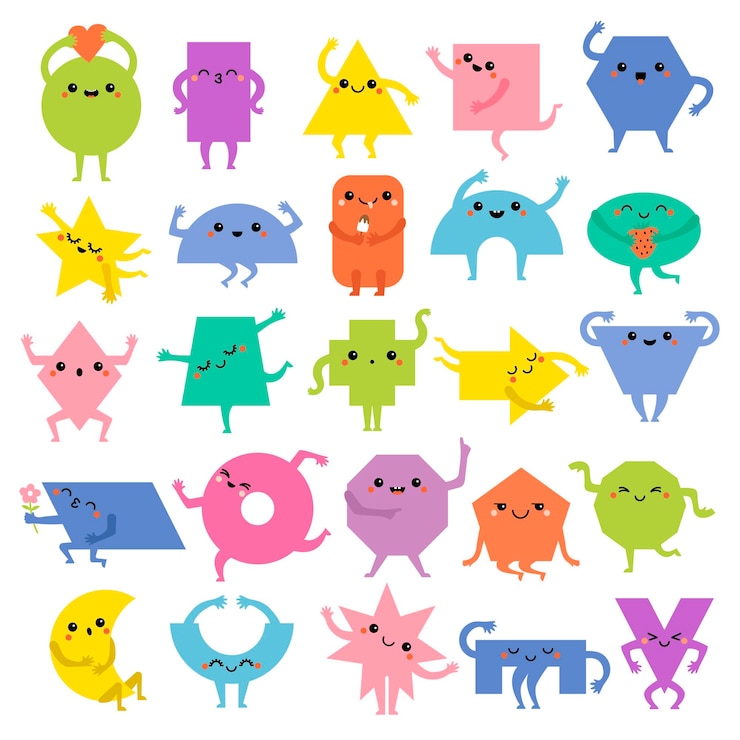 Vetor mascote geométrico rostos engraçados emoticons em círculos poligonais e triângulos formas vetor recente colorido formas educacionais personagens ilustração geométrica