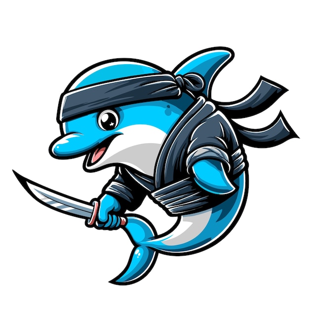 Mascote golfinho segurando a espada katana