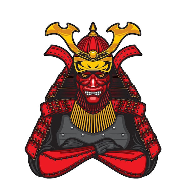 Mascote guerreiro samurai japonês ou emblema de vetor isolado de tatuagem com soldado japão em armadura de roupas vermelhas tradicionais e capacete com elementos decorativos de ouro personagem masculino shogun da cultura asiática