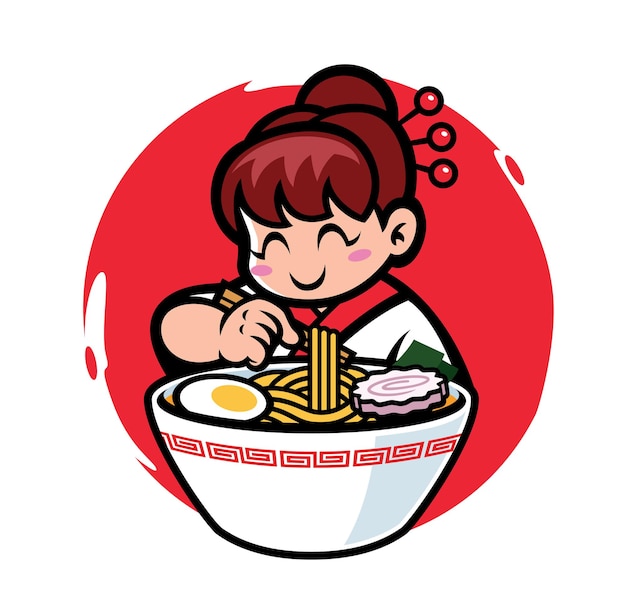 Mascote japonesa comendo ramen com a palavra japão significando delicioso