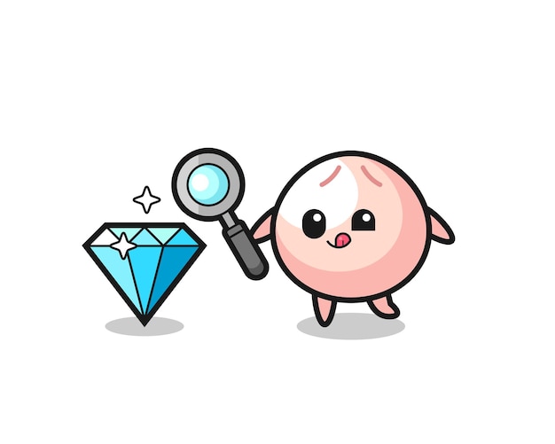 Mascote meatbun está verificando a autenticidade de um diamante