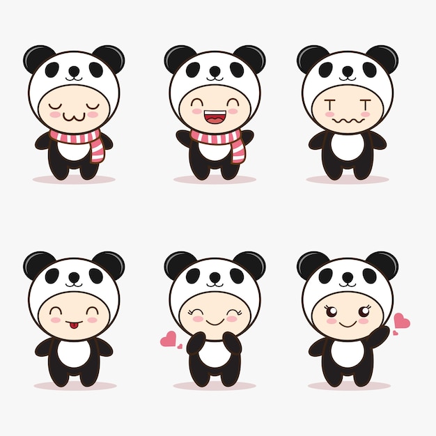 Mascote panda bonito com vários tipos de coleção de conjunto de expressões