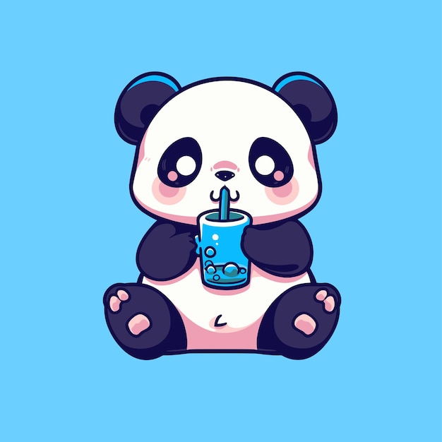 Mascote panda engraçado dos desenhos animados bebendo ilustração vetorial de bebida ícone do conceito de personagem isolado