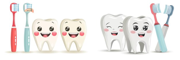 Mascotes de dentes felizes sorridente com escova de dentes e pasta de dentes ilustração vetorial isolada de saúde dental oral