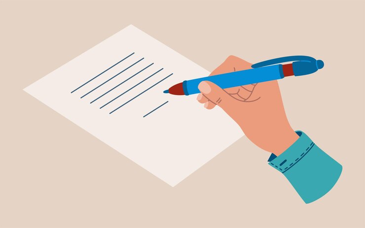 Vetor masculino mão segurando uma caneta e escreve na folha de papel. ilustração vetorial colorida desenhada à mão