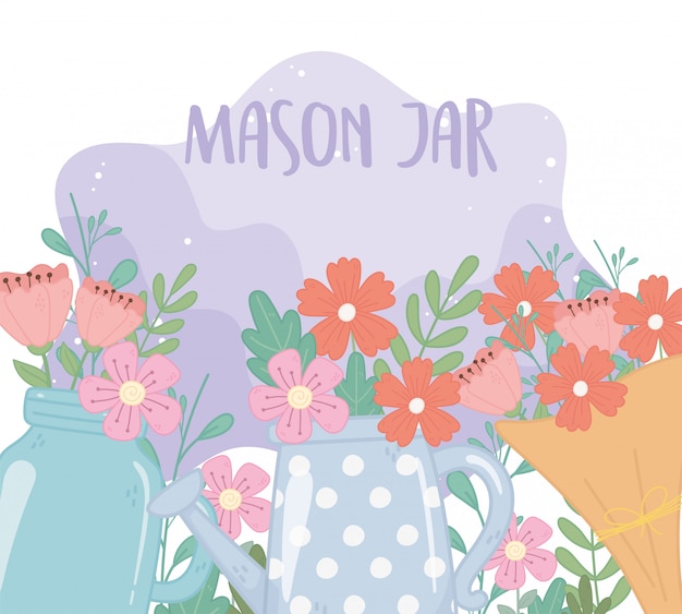 Mason jar buquê e regador com flores