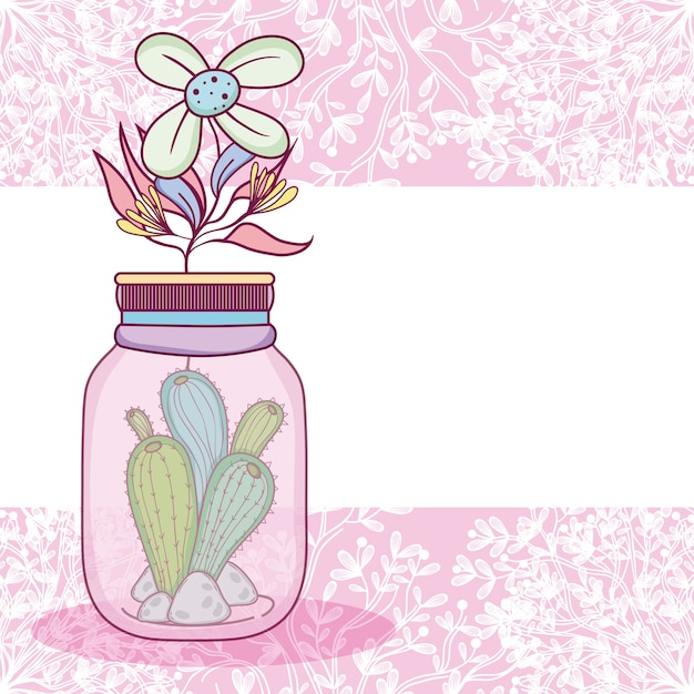 Mason jar flores cartão colorido pote sobre fundo roxo