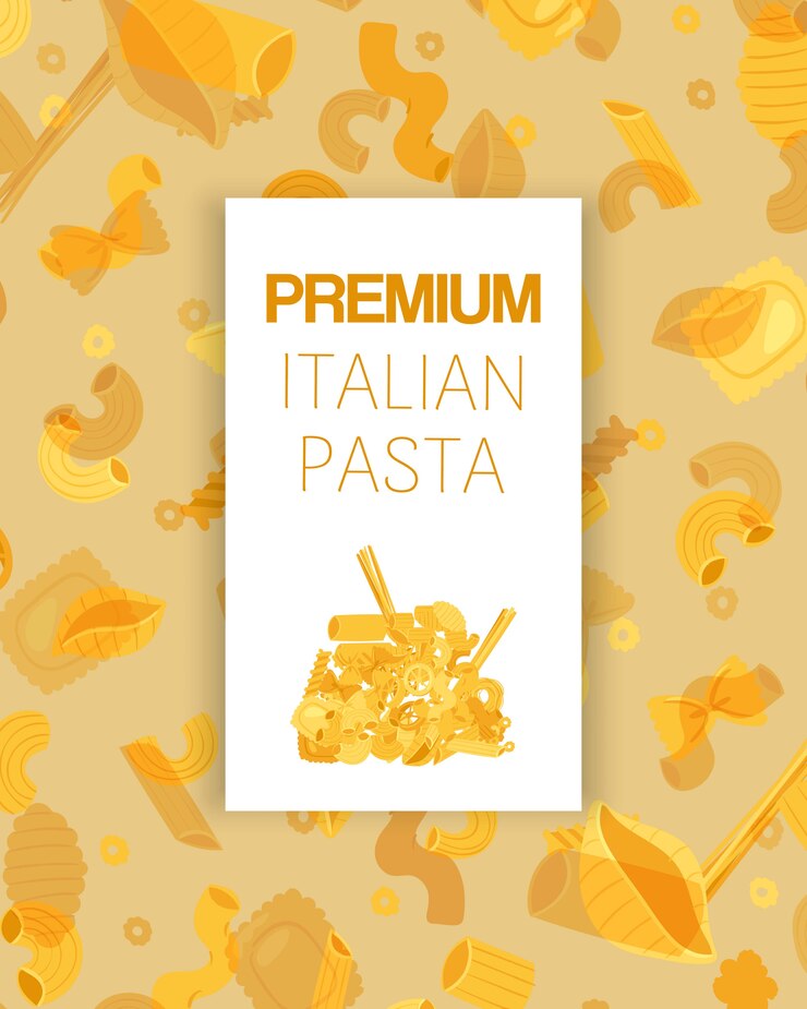 Vetor massa italiana premium tipos diferentes fusilli, espaguete, gomiti rigati, farfalle e rigatoni, ilustração de cartaz de ravioli.