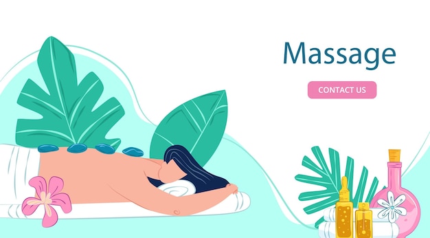 Massagem de spa depilação na ilustração vetorial da página da web do salão de beleza cuidados com a saúde do corpo por terapia de pele de desenho animado com bandeira de aterrissagem de pedras de cera