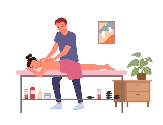 Vetor massagem terapêutica, tratamento de medicina tradicional de bem-estar em ilustração vetorial de salão médico. personagem de homem médico terapeuta de desenho animado massageando mulher deitada em uma mesa de relaxamento isolada no branco