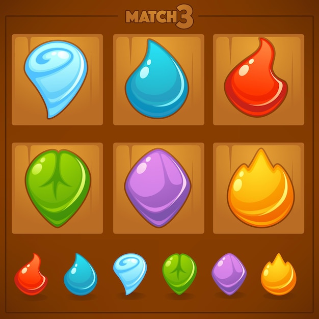 Match mobile game, objetos de jogos, terra, água, fogo, elementos da natureza