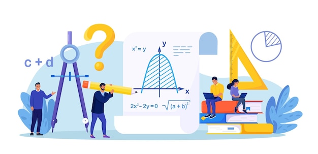 Matéria da escola de matemática pessoas que estudam matemática álgebra aritmética matemáticos usam fórmulas científicas e diagramas para novos cálculos análise matemática cálculo de conjecturas curso de matemática