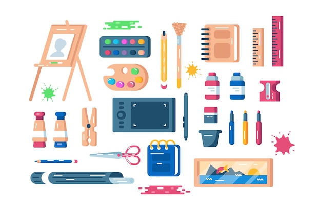 Material de arte conjunto ilustração vetorial A composição consiste em paleta de cavalete de tintas, borlas, apontador de lápis de cor e outros equipamentos e ferramentas, conceito de estilo plano Isolado no branco