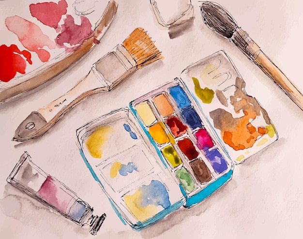 Material de arte esboços de artista pincéis e paleta materiais de desenho aquarela desenhada à mão ilustração
