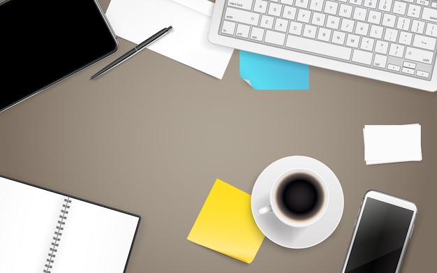 Material de escritório. Coisas de negócios diferentes em uma mesa de madeira. Modelo para um texto