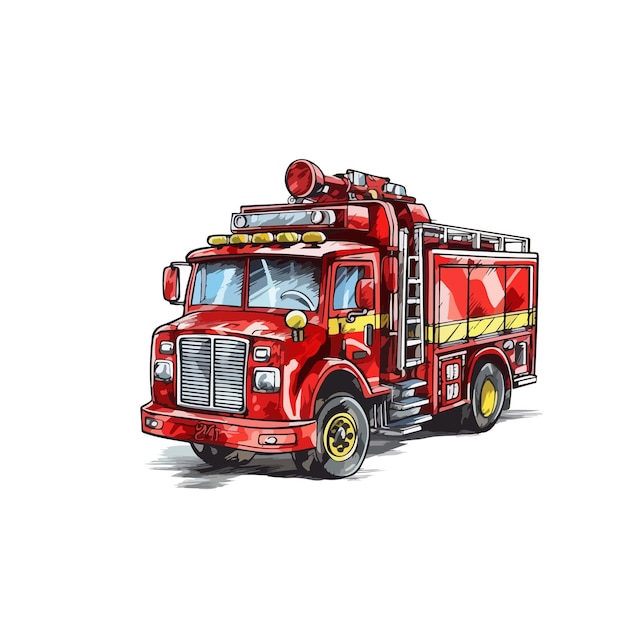 material de ilustração de caminhão de bombeiros desenhado à mão