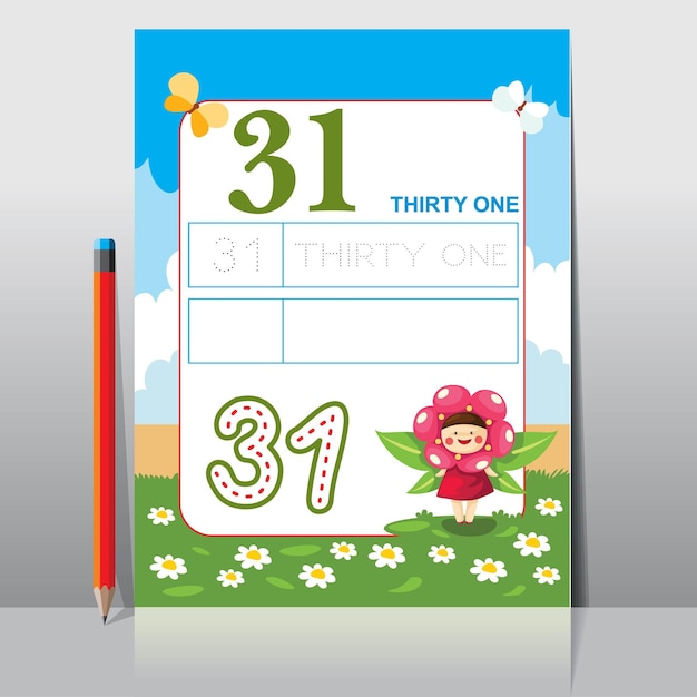 Material didático para crianças. planilha para aprender números. número 31