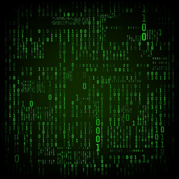 Matriz de números binários. código binário de computador. números digitais verdes. cenário de abstração de hacker futurista ou de ficção científica. números aleatórios caindo sobre o fundo escuro. ilustração vetorial
