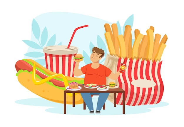 Mau hábito com o homem gordo viciado em fast food sentado e comendo na mesa ilustração vetorial