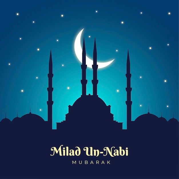 Mawlid milad-un-nabi saudação fundo com mesquita e lua