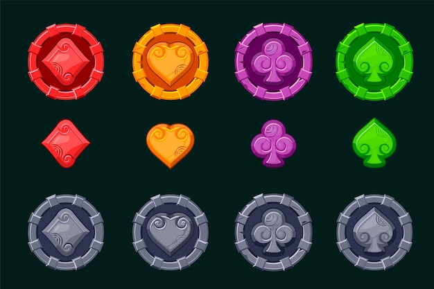 Maya ou asteca Icones de cartas de jogo em moldura de pedra para seus jogos de slot Símbolos coração pá diamante e clube