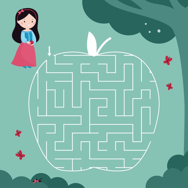 Maze jogo forma de maçã com a princesa branca de neve