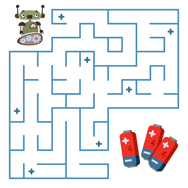 Maze mini jogo no papel. o robô está procurando uma maneira de recarregar a bateria através do labirinto. ilustração a cores com tarefa fácil para pré-escolares.