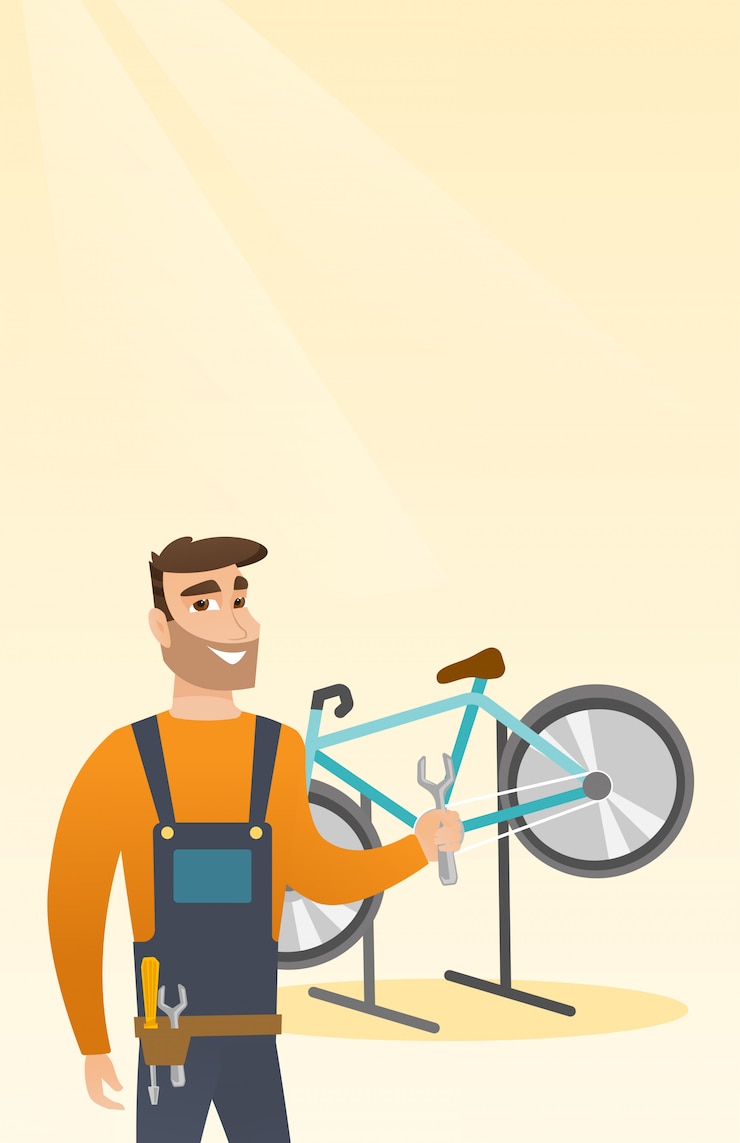 Vetor mecânico caucasiano da bicicleta que trabalha na oficina de reparações.
