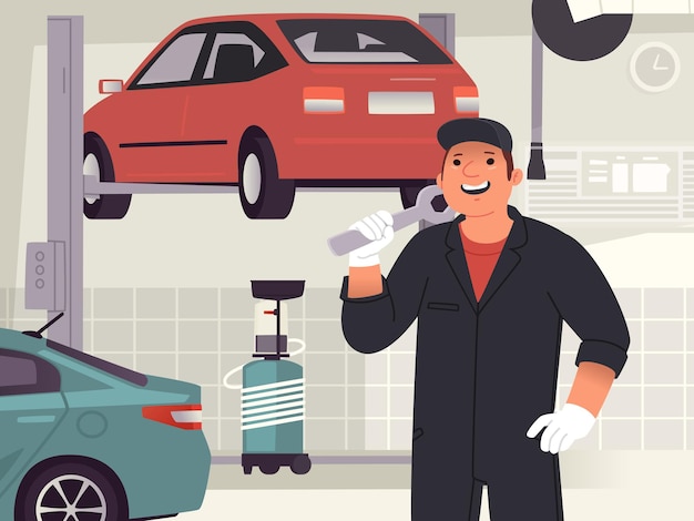Mecânico de automóveis do homem na frente de uma oficina de automóveis ou oficina mecânica. personagem de um cara sorridente com uma chave inglesa. ilustração vetorial em estilo simples
