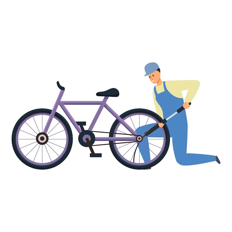 Vetor mecânico de bicicletas a inflar pneus com bomba manual na oficina