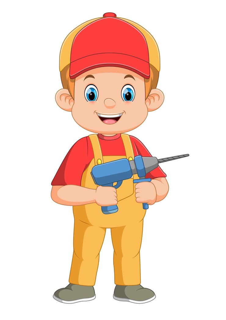 Vetor mecânico de desenho animado segurando uma ferramenta de perfuração