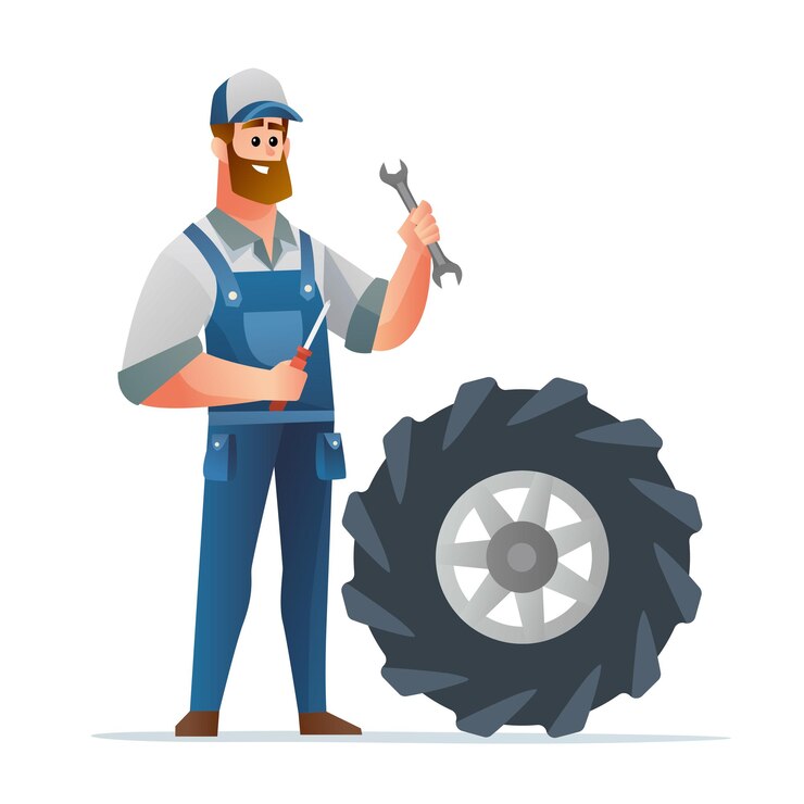 Vetor mecânico profissional segurando uma chave de fenda e uma chave de fenda com uma ilustração de desenho de pneu grande