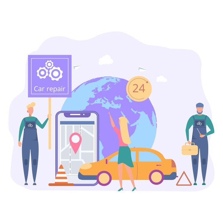 Vetor mecânico que repara um carro partida de um especialista no local da avaria do carro serviço e assistência na estrada auto serviço e assistência carro hotel reparação de automóveis assistência 24 horas vetor colorido