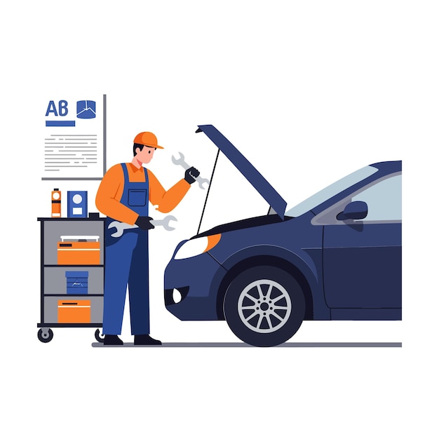 Mecânico realizando manutenção de carro em ilustração vetorial de estilo plano