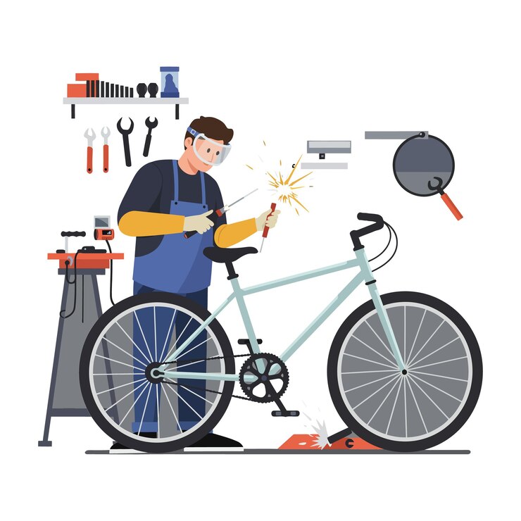 Vetor mecânico reparando uma bicicleta em uma oficina com ferramentas e faíscas voando