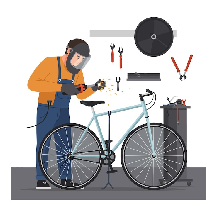 Vetor mecânico reparando uma bicicleta em uma oficina com ferramentas e faíscas voando