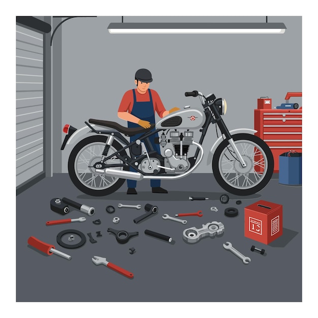 Mecânico trabalhando em motocicleta com ferramentas e peças em uma garagem