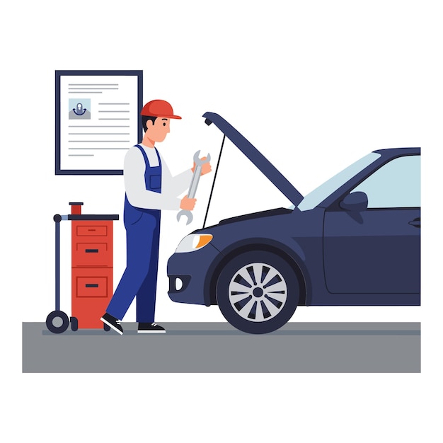 Mecânico trabalhando em um motor de carro em uma ilustração detalhada de arte vetorial plana